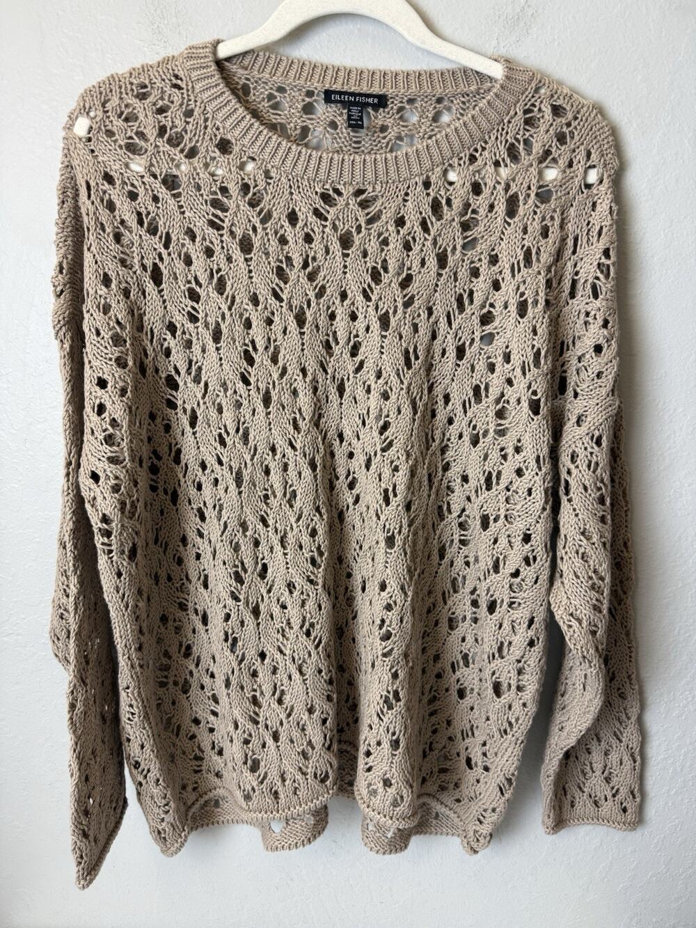 Eileen Fisher Womens Round Neck Sweater XL Beige Open Knit Coastal Minimalist
